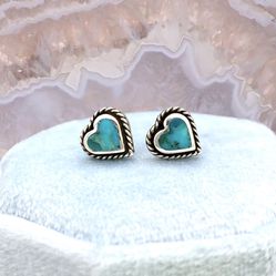 Dainty Turquoise & Solid Sterling Silver Heart Earrings