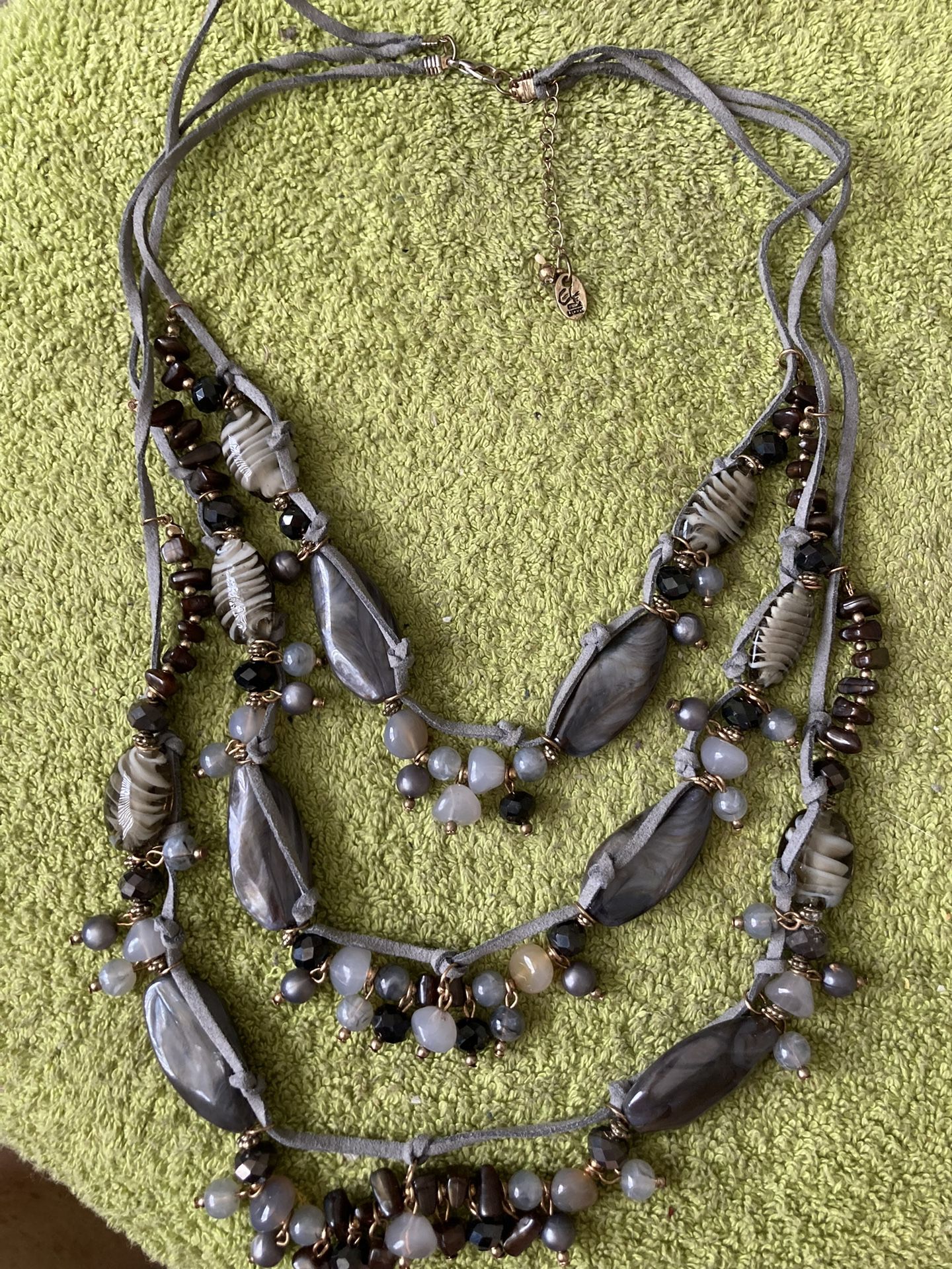 Triple Strand 20” Suede, Acrylic And Glass Stones Necklace $1.00 Matching Earrings $1.00