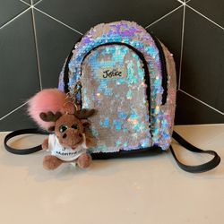 Justice girls sequin black backpack - small pink pin pom & Moose