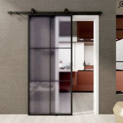 Metal and Glass Metro Barn Door with Installation Hardware Kit