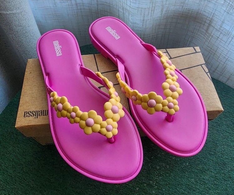 Melissa Flower Flip-Flops Pink/Yellow Size 8 – New