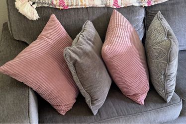 16"x16" Grey Throw Pillows + 20”x20” Pink Throw Pillows. 4 Pcs $20.00 Total. See Below Description:
