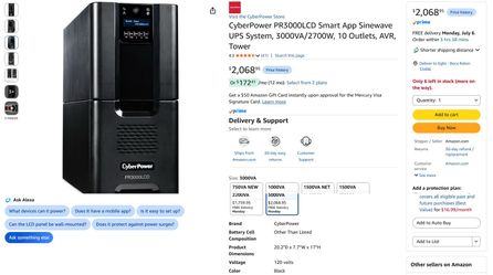 CyberPower PR3000LCD Smart App Sinewave UPS System, 3000VA/2700W, 1-YEAR WARRANTY remains by Amazon