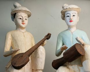 Pair of Hand-Painted Wooden Musician Figurines