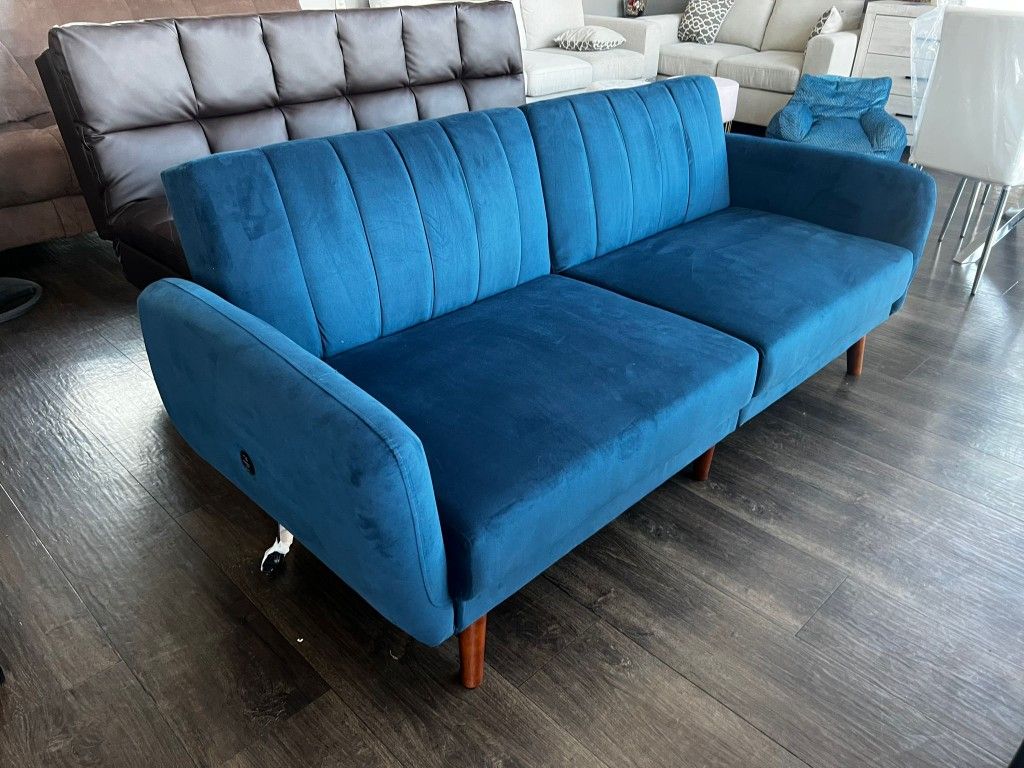 Blue Velvet Sofa Sleeper With USB Outlet