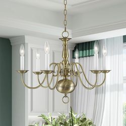 New 24” Livex Lighting 5006-01 6Light Antique Brass Chandelier Adjustable Height Dimmable