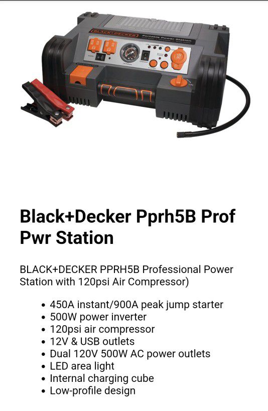 Black & Decker PRO Portable Power Station 500W 900AMPs 120 PSI Compressor  PPRH5B