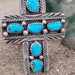 Old  Pawn  Native  American Turquoise Silver Cross Ring 