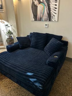 Oversized Navy Blue Plush Lounge Chair with Cup Holders