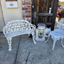 Vintage wrought  iron  bench v big elephant stool and victorian chair