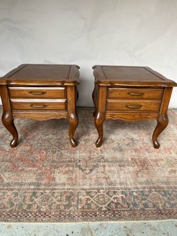 Vintage Bassett Nightstand or End Table Set – Solid Wood, Walnut Finish w/ Bronze Pulls