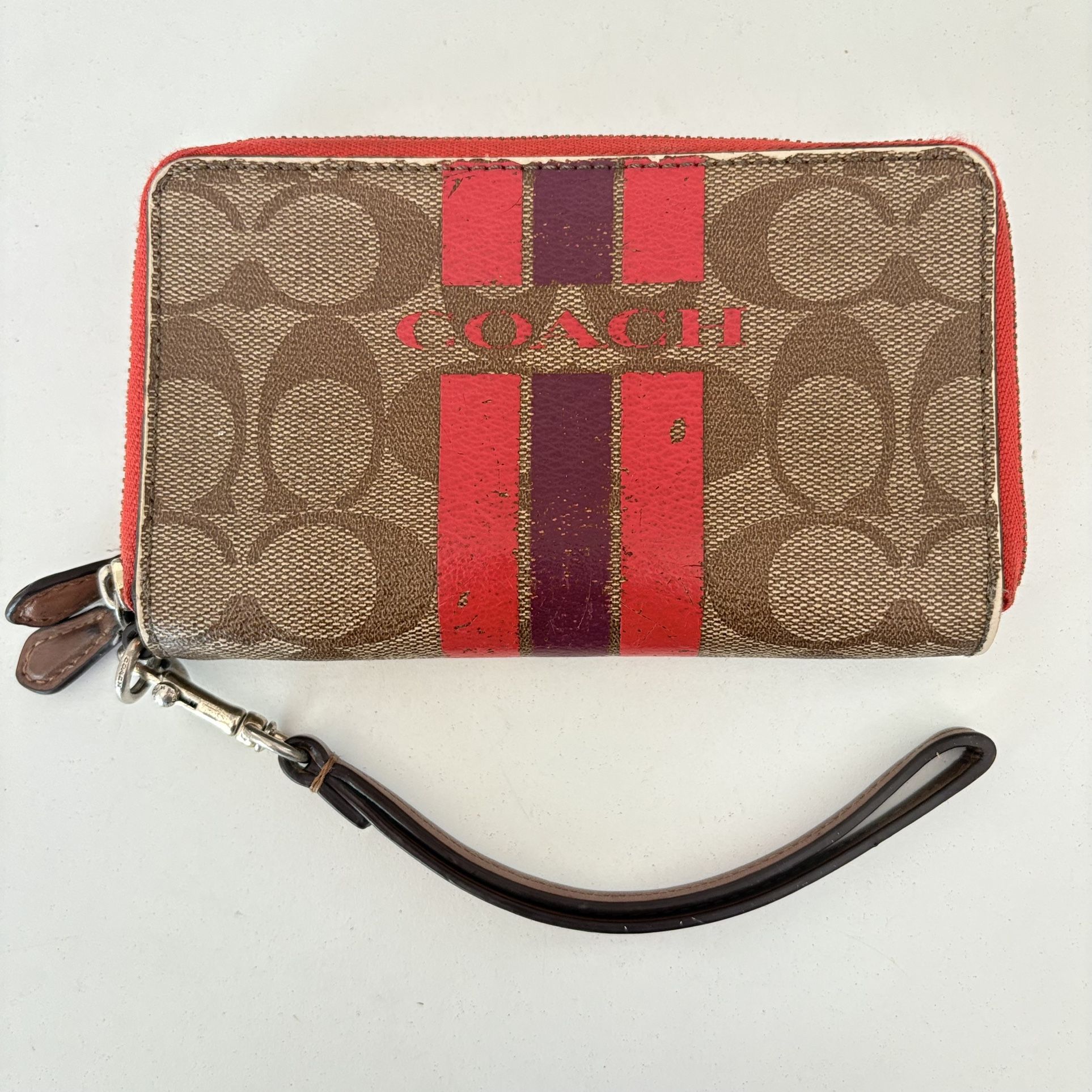 Coach Varsity Stripe Wallet Signature Canvas Logo Print Red