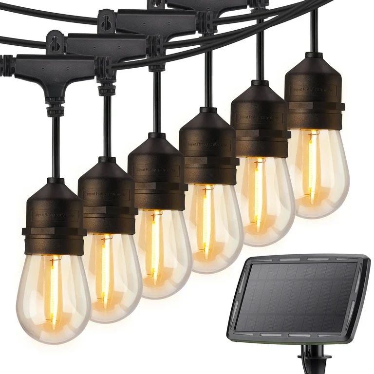 Brightown Solar String Lights Outdoor 34FT, S14 Patio Lights with 15 LED Shatterproof Bulbs, 4 Lighting Mode, IP65 Waterproof Cafe Lights for Outside 