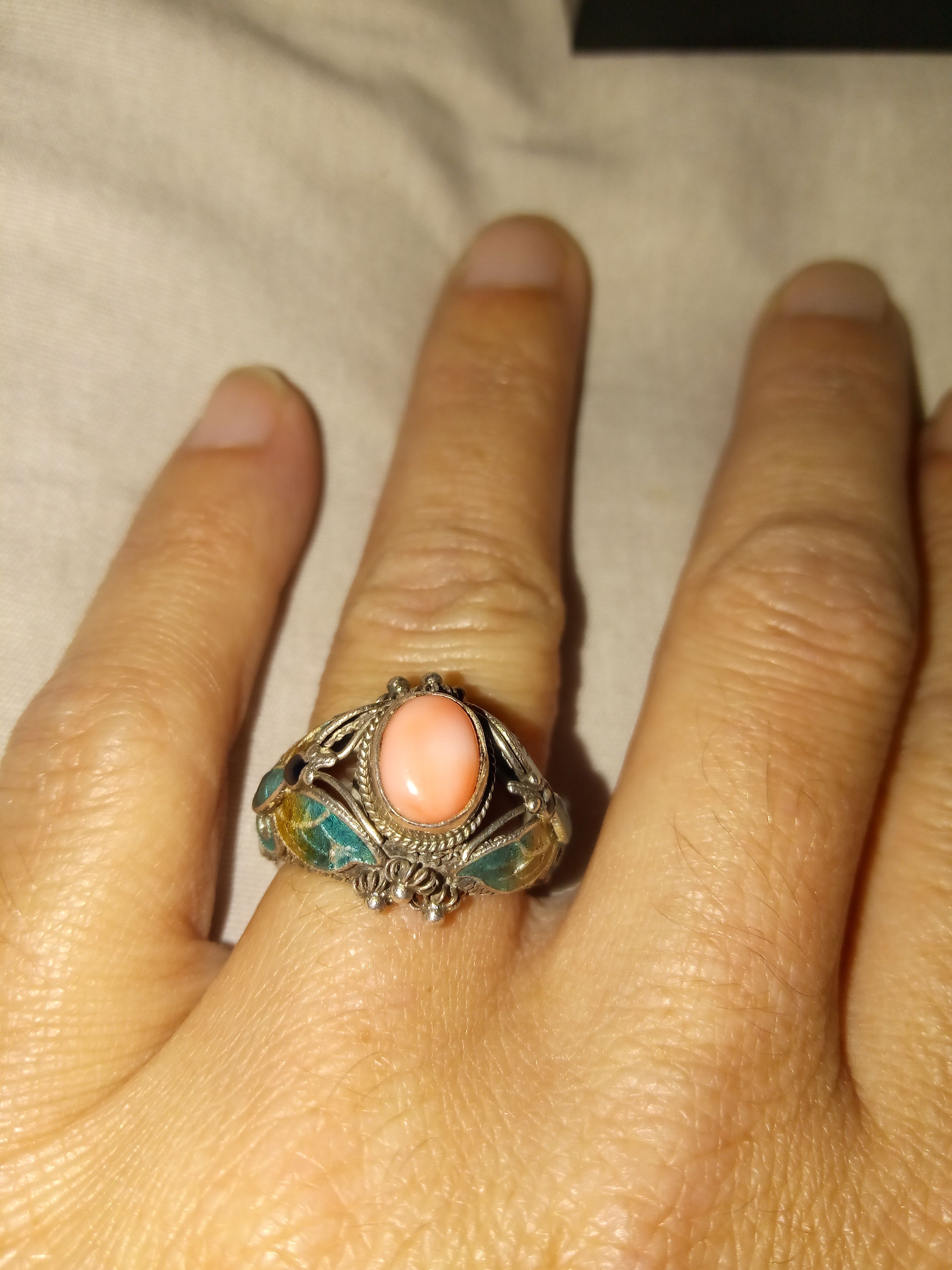 Vintage Angel Skin Coral Enamel Butterfly Ring China BJ 925