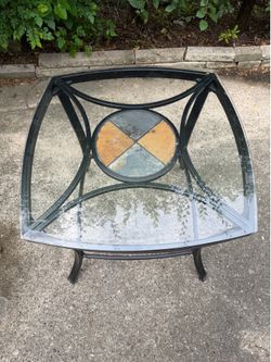 Square Glass & Slate Accent Side Table / End Table - Black Metal Frame