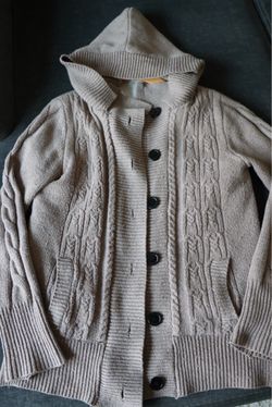 Beige Cable Knit Hooded Cardigan Sweater