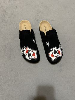 Custom Black Suede Clogs – Playing Card Patch Design | Comfortable Footbed | Unisex |All-Sizes 