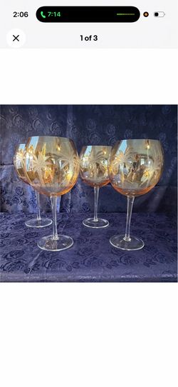 Set of 4 Beautiful 9” Stem Amber Tinted Wine/Water Glasses Etched w/Palm Trees