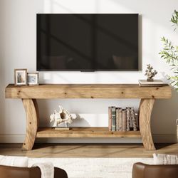 LD0070 63" Solid Wood TV Stand up to 75" TVs, Farmhouse TV Console, Low Entertainment Center with Storage for Living Room, Bedroom