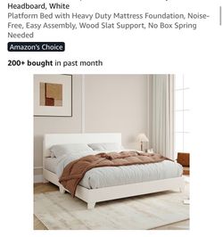 White Platform Bed Frame with Headboard and Queen Mattress