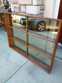 Wood and Glass Display Shelf with Mirror Back vintage  heavy large