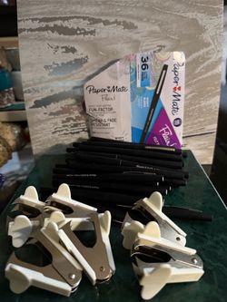 Paper Mate Flair Box of 36 Black Felt Tip Pens and Staple Removers Bundle - New Never Used / Box Broken Assorted office supply lot includes Paper Ma