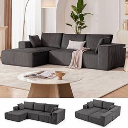 108" Boneless Couch with Chaise, Cloud Sectional Modular Sofa, Darkgrey Deep Seat Modular Sectional Sofa for Living Room, Upholstered Corduroy Couch f