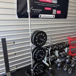 🔥 New pair of 5,10,25,35,45lb rubber Olympic + 7ft and curl Bars and Rack. New in box 📦 $475