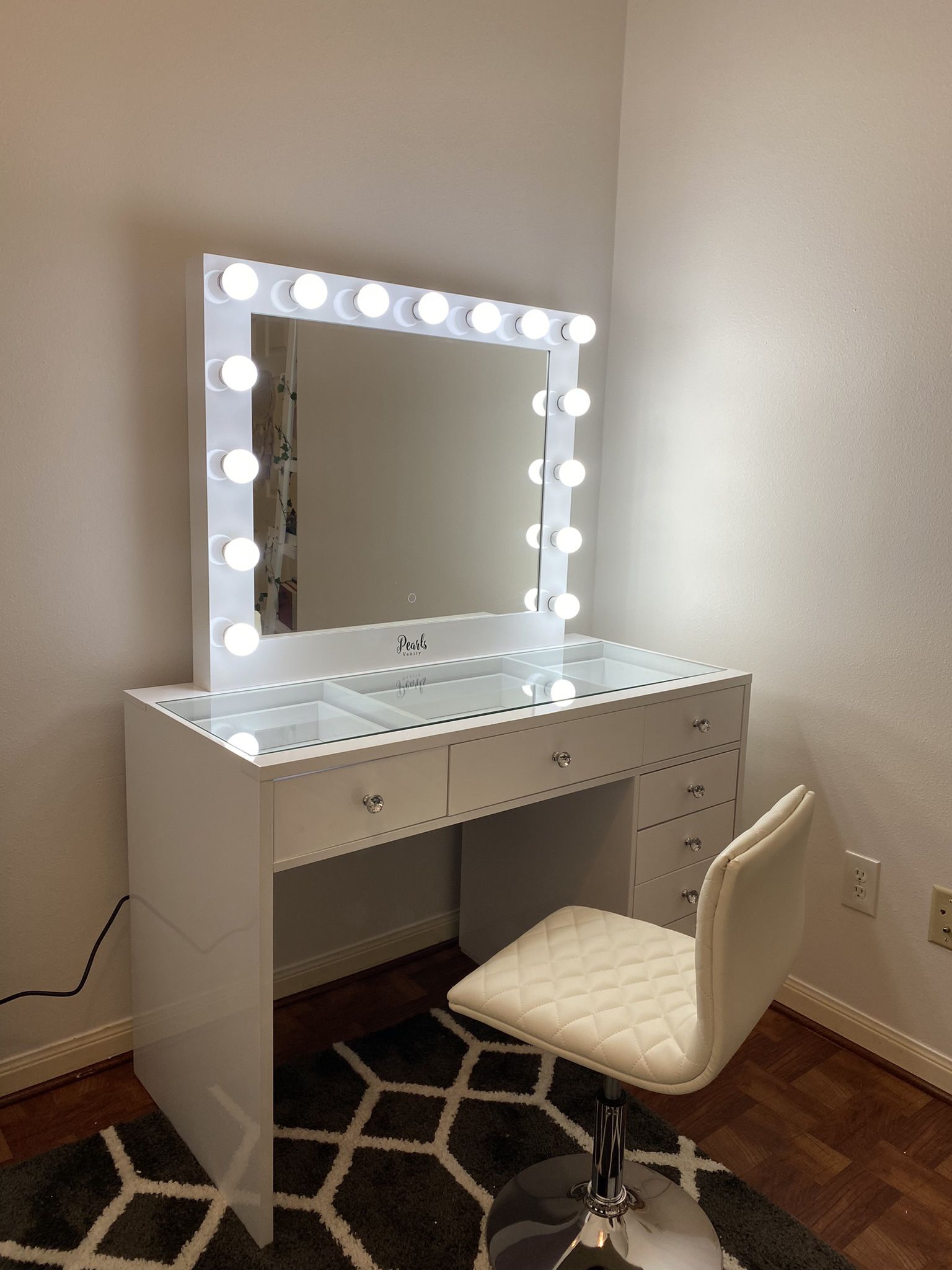 Makeup Vanity Glass top with Mirror/ price includes delivery and assembly, does not include chair