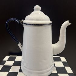 Vintage Farmhouse Enamelware White Blue Trim Coffee Pot Gooseneck 9” Tall
