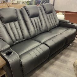 Center Point Black Faux Leather Reclining Sofa w/ Drop Down Table 