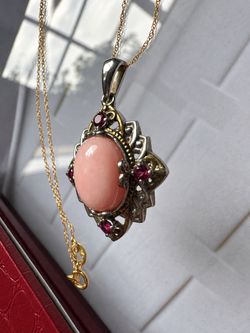 Pink conch shell rhodolite pendant 10k gold chain