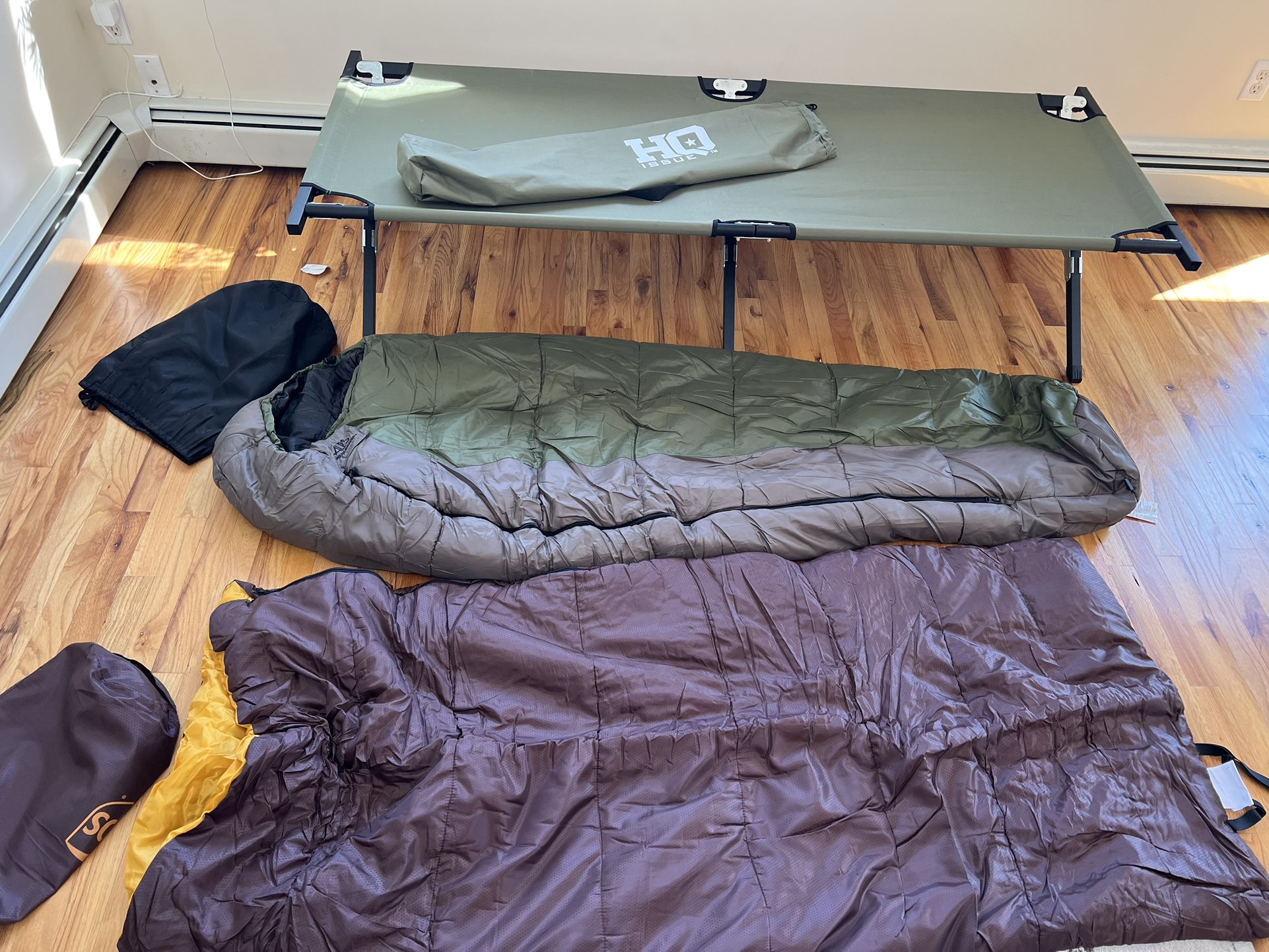 HQ issue Military Camping Cot, Alps Sleeping Bag, Reg. Sleeping Bag. 