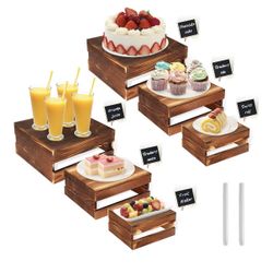 6 Pcs Buffet Risers with Mini Signs, Rustic Wood Cake Stands, Food Risers for Buffet Table, New