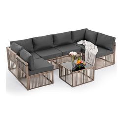 Pamapic 7 Pieces Outdoor Sectional, All-Weather PE Rattan Patio Furniture Set, Outdoor Furniture Set with Washable Cushions Covers, Brown Rattan, Gray