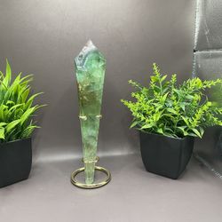 Natural Hand Carved Green Fluorite Wand With Stand 300 G 8 1/2 Inches