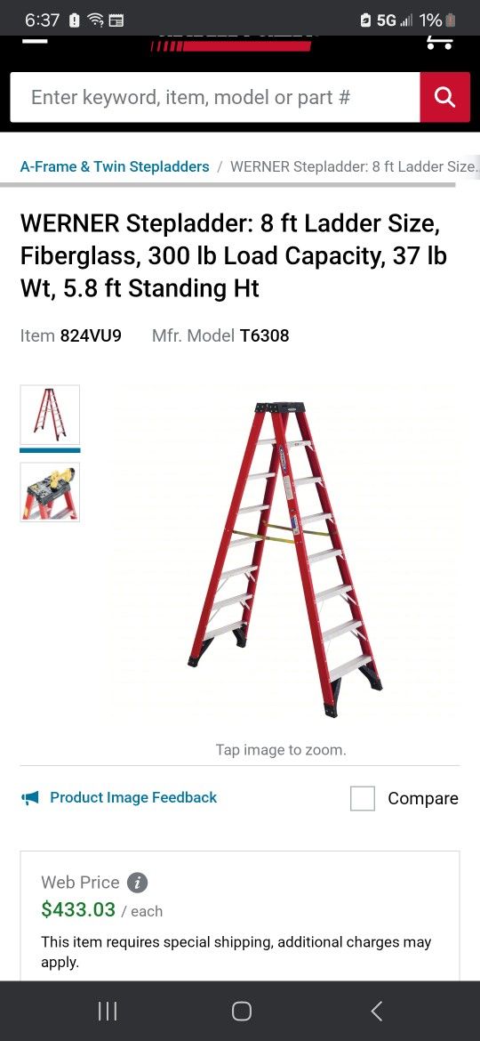 Werner 8' Fiberglass Ladder 300lbs Weight Capacity