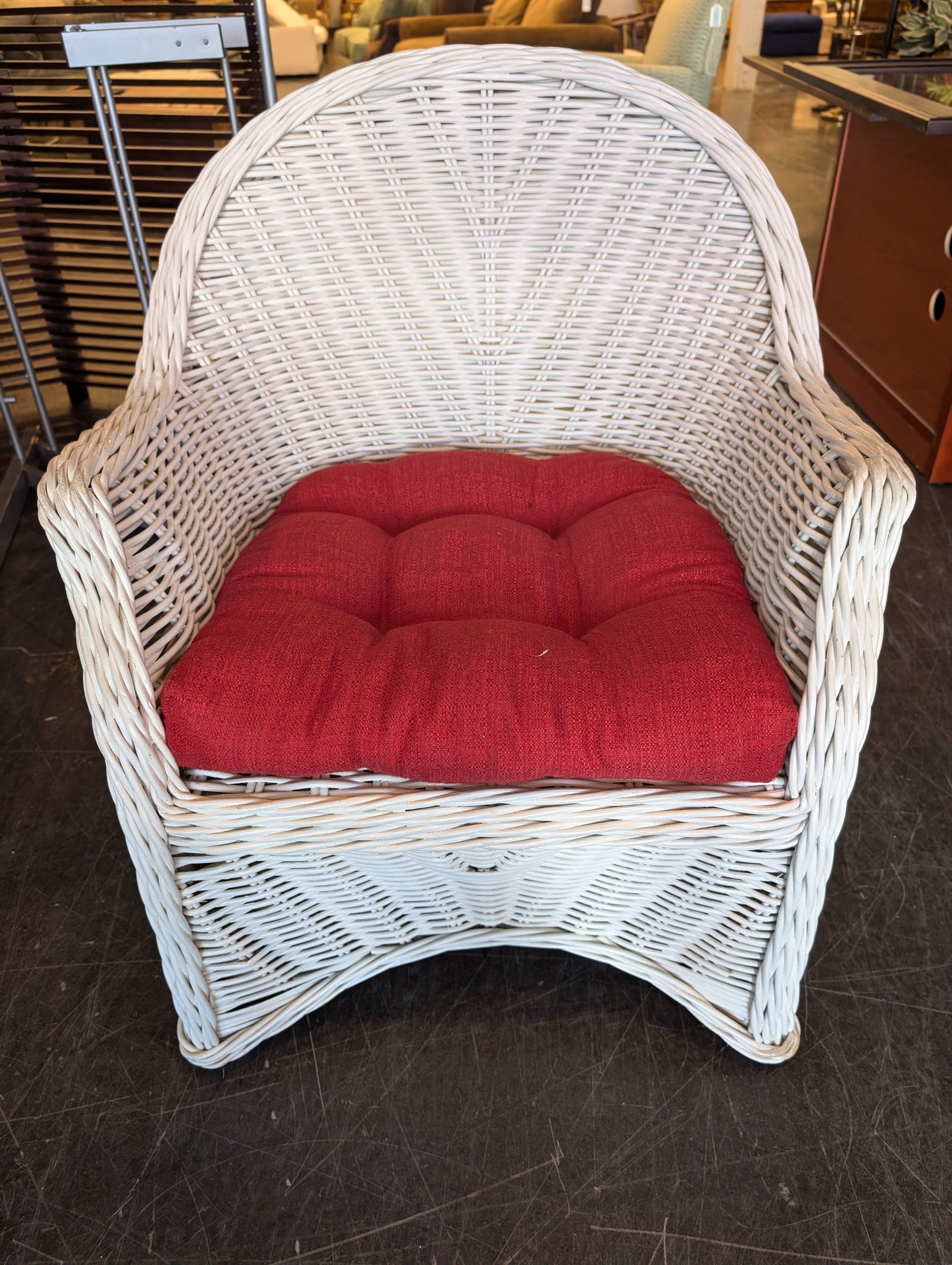 White Woven Wicker Chair with Red Seat Cushion