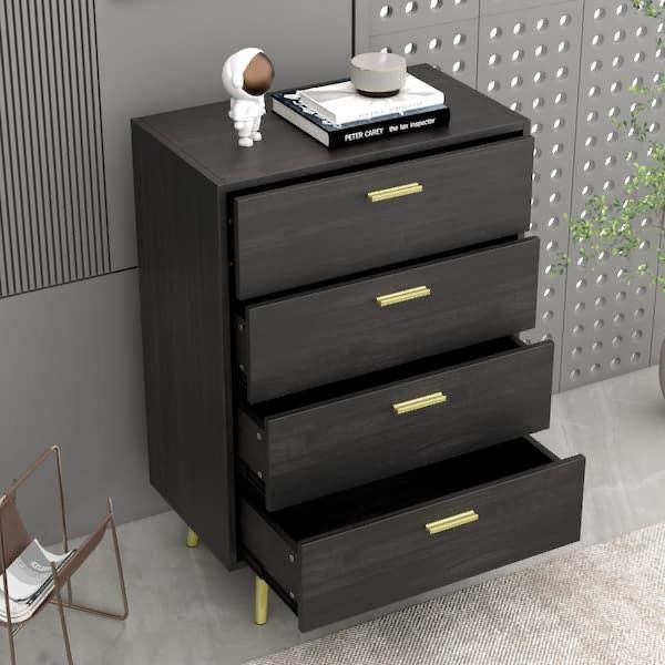 4-Drawers Black Wood Chest of Drawer Accent Storage Cabinet Organizer with Metal Leg 37.5 in. H x 27.4 W x 15.6 D