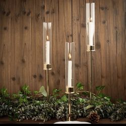 Set of 3 Tall Gold Metal Clear Glass Taper Candlestick Holders, Hurricane Candle Stands With Glass Chimney Candle Shades 16", 20", 24"-candle holder