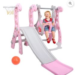 Mgaxyff 4 in 1 Slide Swing Set for Toddlers Age 1 to 5, Indoor Outdoor Kids Climber Playset with Long Slide, Swing, Climber, Ball & Basketball Hoop, P