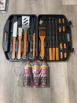 BBQ Grill Tool Set with Carrying Case + 3 Butane Cans