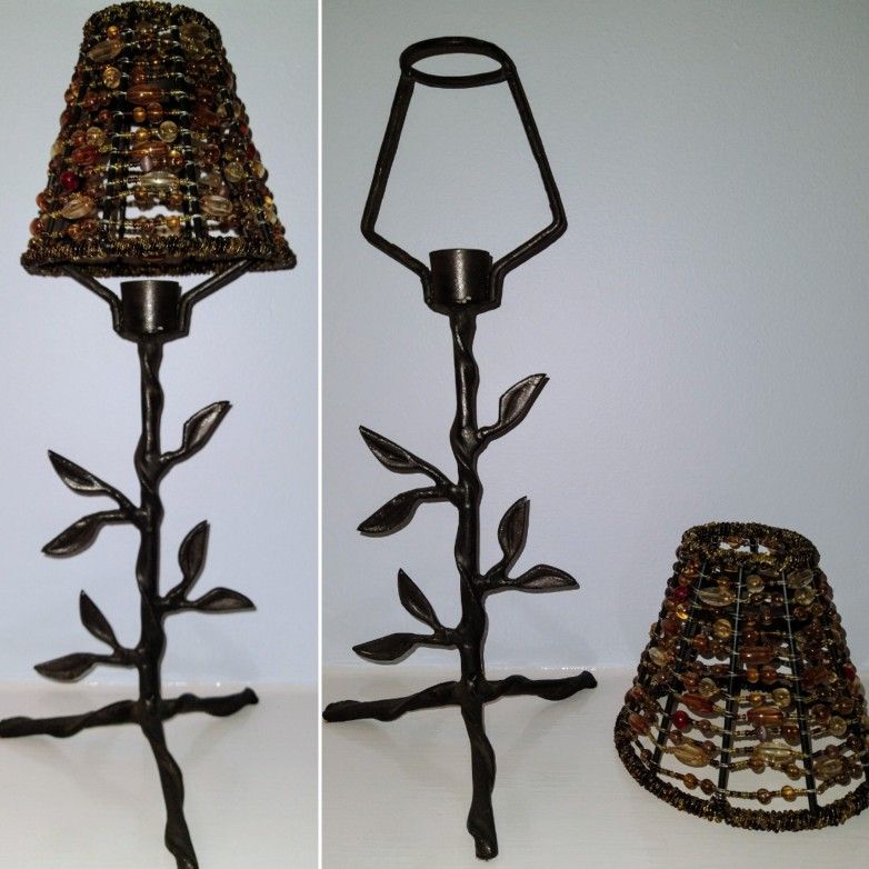 Candle Holder W/ Heavy Metal Vine Base & Amber Beaded Shade (14.5in Tall)