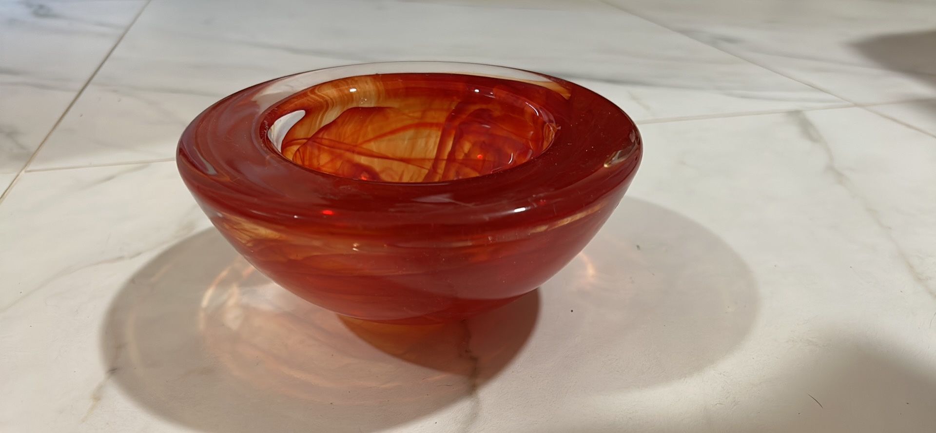 Vintage Kosta Boda, 7 inch bowl red orange glass swirl by Anna Ehrner