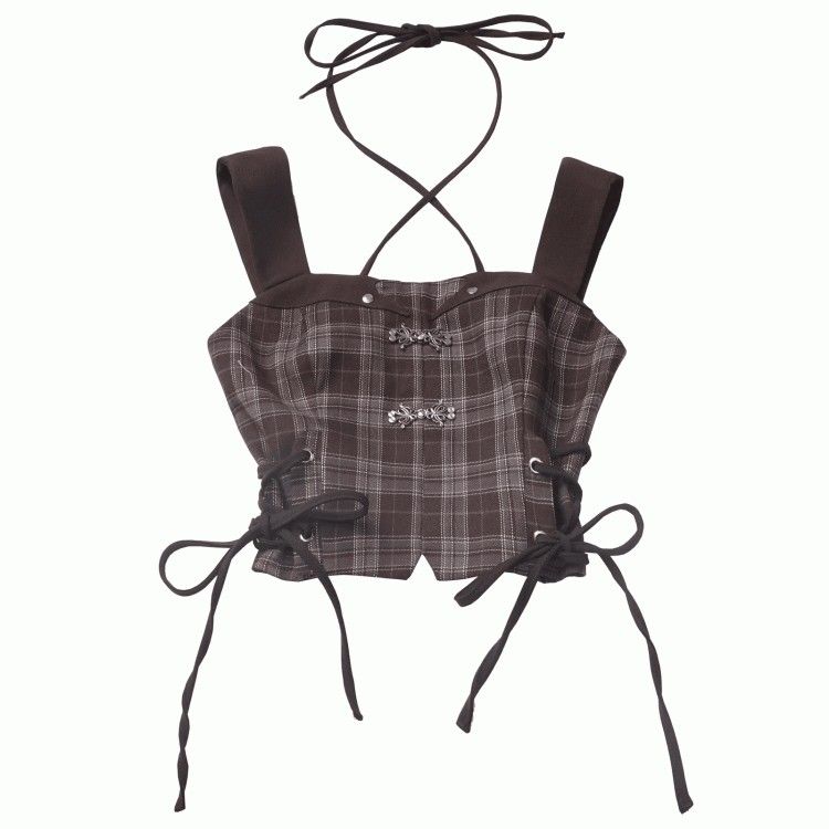 Brown Plaid Halter Neck Tank Top Tie Up Clothing Shirts Tops Blusa Camisa NINA MUJER GIRL WOMEN