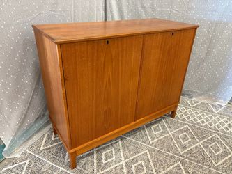 Vintage Mid-Century Teak Record Cabinet with Half Pocket Doors and Key