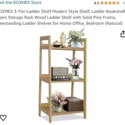 ECOMEX 3-Tier Ladder Shelf Modern Style Shelf, Ladder Bookshelf Open Storage Rack Wood Ladder Shelf with Solid Pine Frame, Freestanding Ladder Shelves