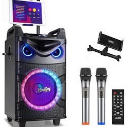 Moukey Karaoke Machine, 10" Woofer Portable PA System, Bluetooth Speaker with 2 Wireless Microphones, Lyrics Display Tablet Holder, Party Lights & Ech