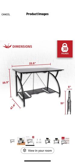 Origami Large Foldable Two-Shelf Desk, Sturdy Steel-Frame Laptop Computer Table, Black