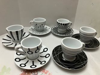 Bodum Ceramic Espresso Set of 6 Cup & Saucer (12) White Black Geometric 80ml New